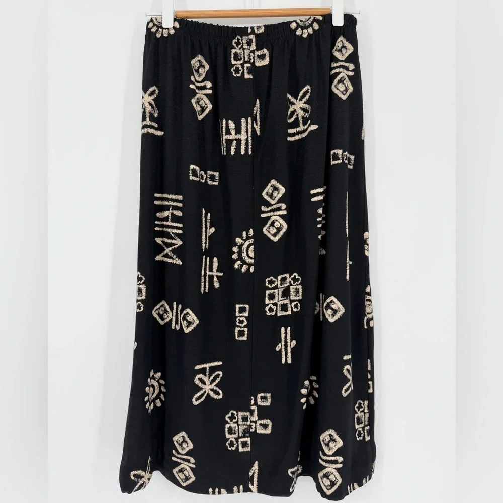 Vintage 90s Abstract Tribal Print Midi Skirt Black & Tan‎ Made in USA Size M